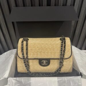Brand New Chanel 26C Raffia Flap Beige Large front view