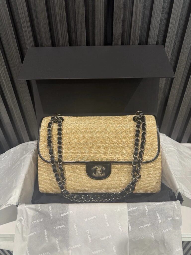 Brand New Chanel 26C Raffia Flap Beige Large front view