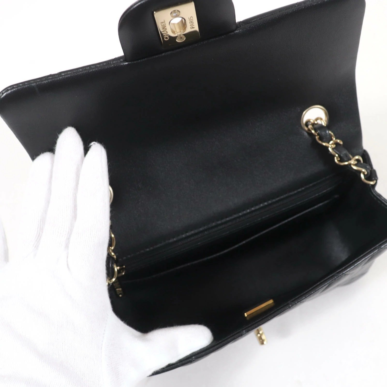CHANEL Mini Black Lambskin Gold Hardware inside view