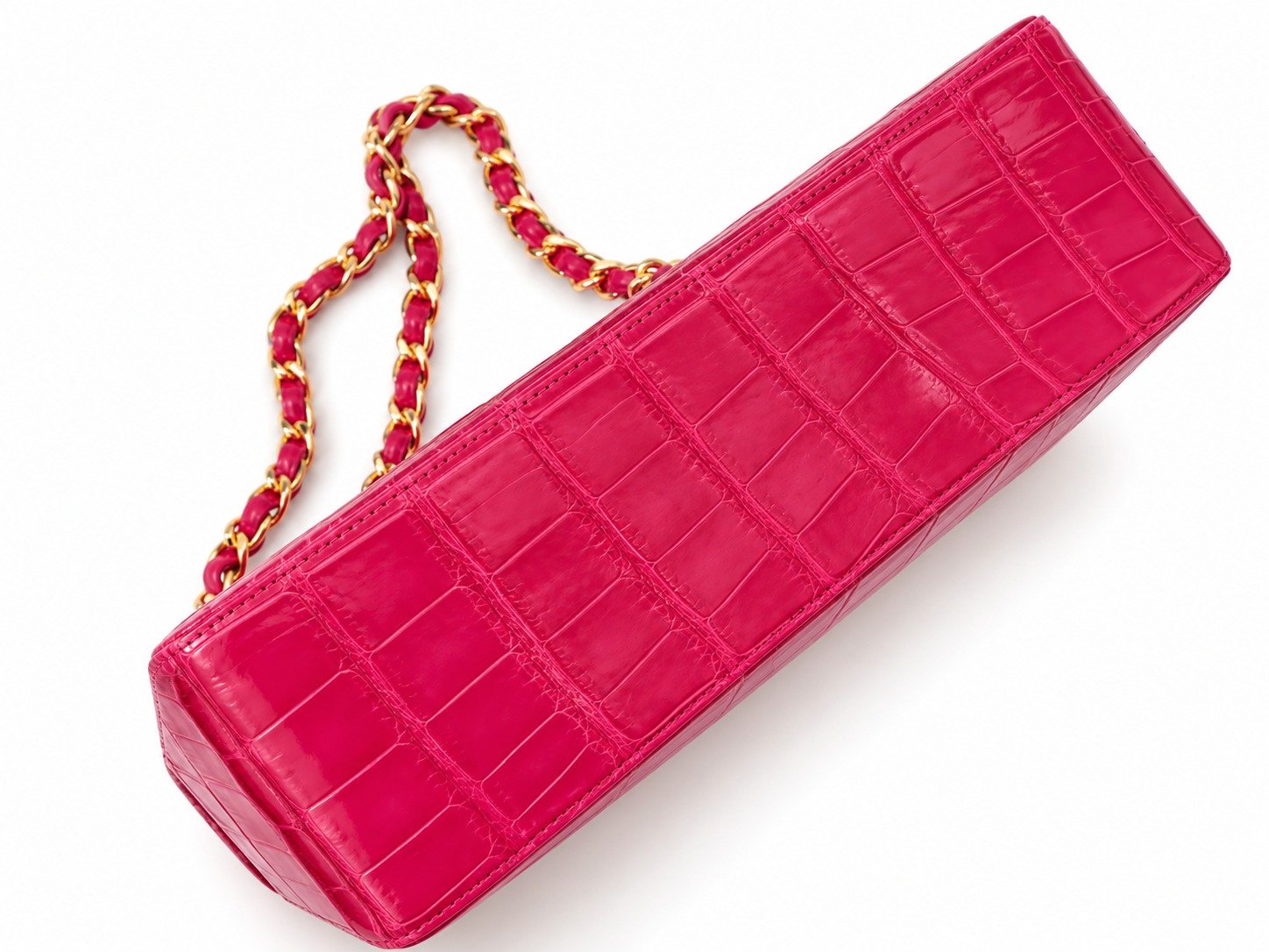 Chanel Jumbo Hot Pink Alligator Double Flap Bag bottom view