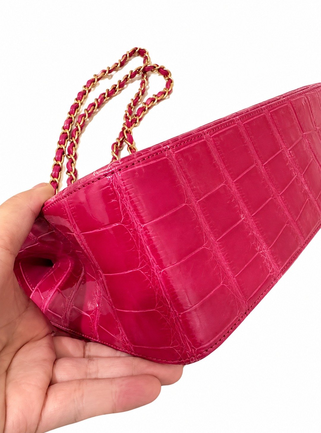 Chanel Jumbo Hot Pink Alligator Double Flap Bag left corner view