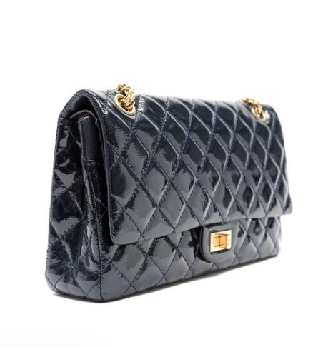 Chanel 2.55 Reissue Navy Blue Quilted Patent Leather Flap Bag left side view