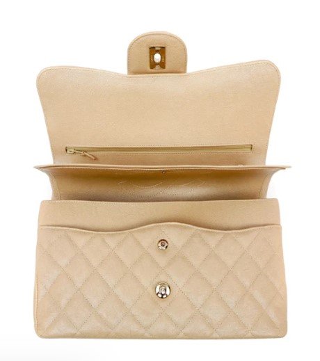 Chanel Classic Beige Clair Iridescent Jumbo Caviar Gold Hardware flap