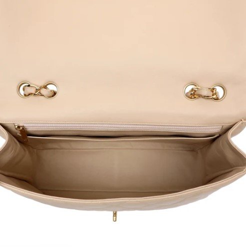 Chanel Classic Jumbo Beige Caviar Single Flap Silver Hardware inside view