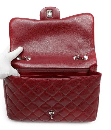 Chanel Classic Jumbo Red Quilted Lambskin Flap detail