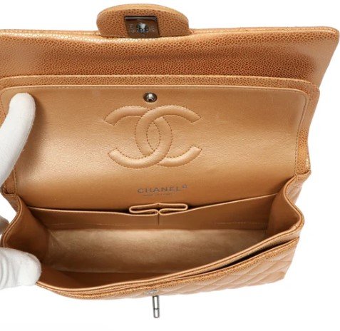 Chanel Classic Medium Metallic Beige Caviar Double Flap inside view