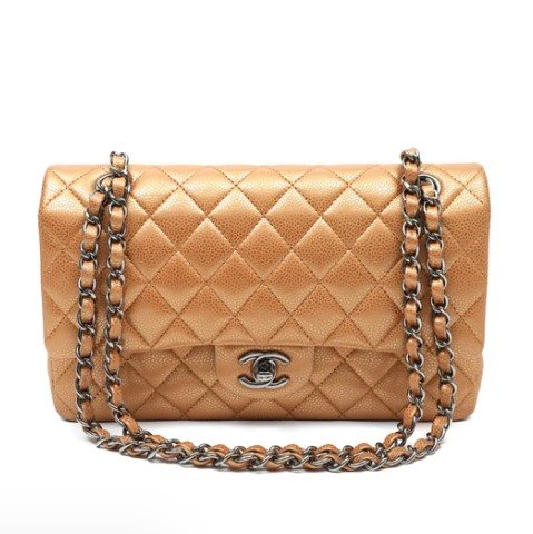 Chanel Classic Medium Metallic Beige Caviar Double Flap