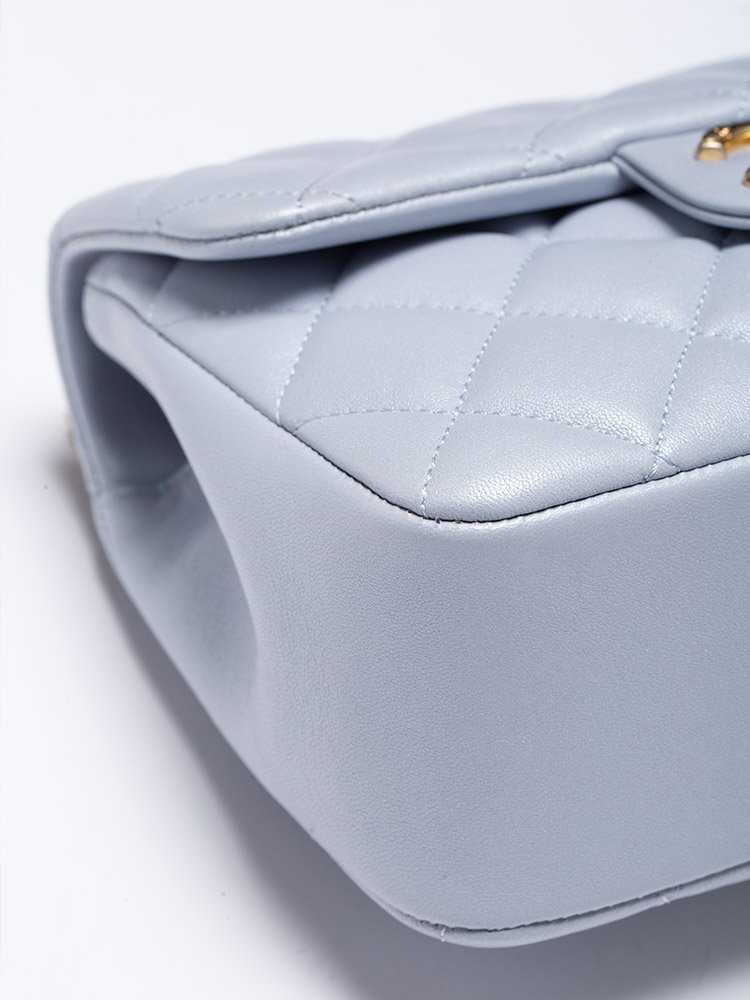 Chanel Mini Pearl Twist Light Blue Flap Bag corner view