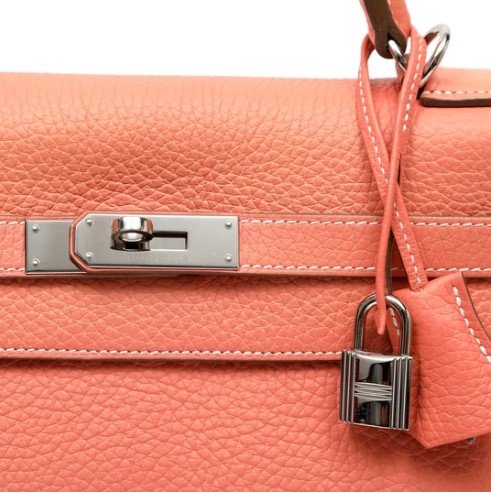 Hermès Kelly 32 Crevette Clemence Palladium Hardware front detail